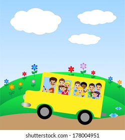 much little child in yellow bus,vector illustration