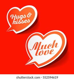 Much love and hugs & kisses speech bubbles, Valentines Day celebration design element, vector illustration