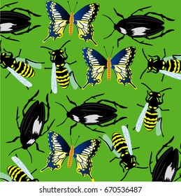 Much miscellaneouses insect on green background is insulated