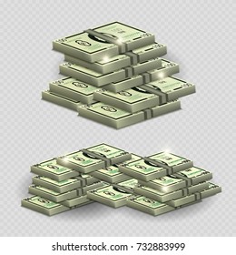 Much money with shining elements - realistic money on transarent background. Money cash stack banknote, vector profit finance illustration