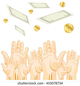 Much stretched hands of the people and falling money