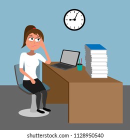too much work in the office - young lady overloaded by papers funny flat vector illustration