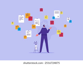 Much work and reminders concept, stressed businessman or office worker standing with many colorful reminders on wall 