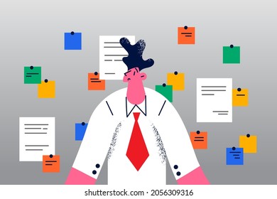 Much work and reminders concept. Young stressed frustrated man office worker standing with many colorful reminders on wall behind him vector illustration