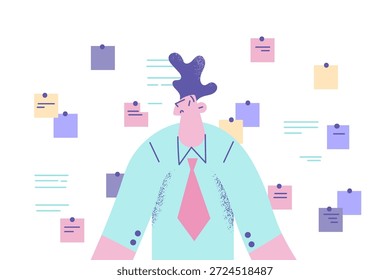 Much work and reminders concept. Young stressed frustrated man office worker standing with many colorful reminders on wall behind him vector illustration