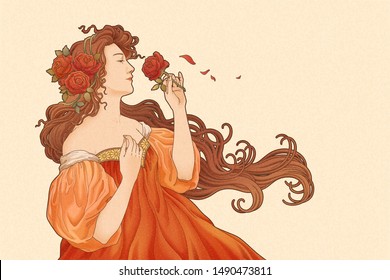 Mucha goddess holding roses in retro art nouveau style