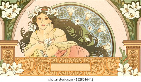 Mucha style goddess holding freesia and leaning on beautiful balcony