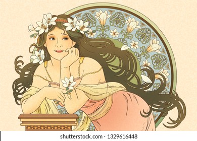 Mucha style goddess holding freesia and leaning on beautiful coloum