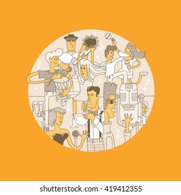Mucical band lineart. Musicians and Mucical Instruments. Flat Vector Illustration