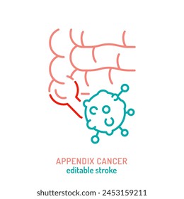 Mucinous adenocarcinoma outline icon. Appendiceal cancer sign. Medical linear pictogram. Appendix tumor. Pseudomyxoma peritonei. Editable vector illustration isolated on white background