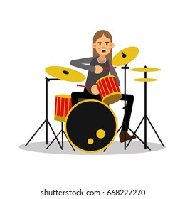 Mucisian man with long hairs playing on drum kit cartoon character vector Illustration