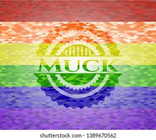 Muck on mosaic background with the colors of the LGBT flag