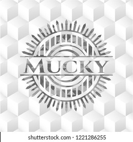 Mucky retro style grey emblem with geometric cube white background