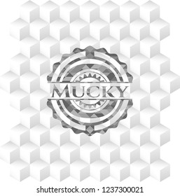 Mucky retro style grey emblem with geometric cube white background