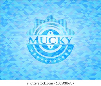 Mucky sky blue emblem with triangle mosaic background