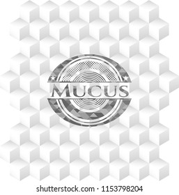 Mucus grey badge with geometric cube white background