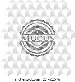 Mucus retro style grey emblem with geometric cube white background