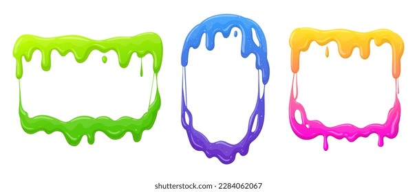 Mucus splash frames. Cartoon slime borders, jelly dripping frames. Goo sticky slime splatters flat vector illustration collection