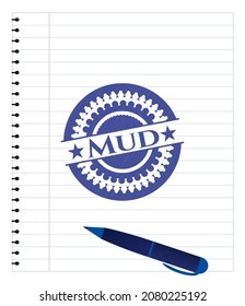 Emblema de la pluma de tinta azul lodo. Ilustración vectorial. Detallado. 