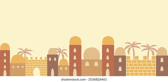 Mud buildings ancient city scene banner. Repeating architecture border. Vector illustration of minimalistic biblical cityscape panorama