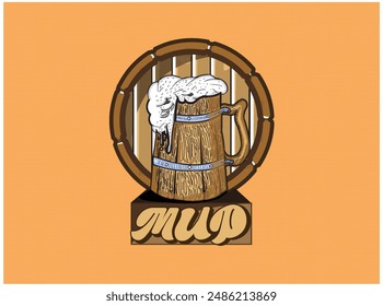 MUD Emblem Logo. Beer Mug with some Beer on it and Barrel behind it.
