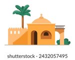 Mud house with dome in oriental Islamic technique. Mediterranean building. Ancient place of residence in desert. Historical sights and architecture. Old monuments and exterior. Vector in flat style