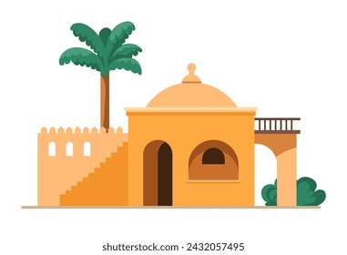 Casa de barro con cúpula en técnica islámica oriental. Edificio mediterráneo. Antigua residencia en el desierto. Lugares de interés histórico y arquitectura. Antiguos monumentos y exteriores. Vector en estilo plano
