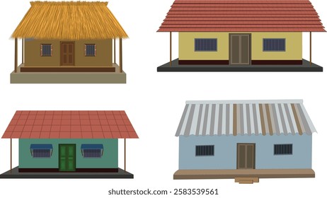 Mud house icons set cartoon vector. clay rural house. African hut set with thatched roof isolated on white background	