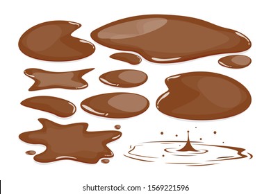 Mud puddle set vector isolated. Brown autumn natural liquid on the ground. Dirty water.