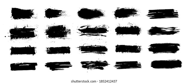 Mud splashes collection. Grunge brushstroke stencil with dirt spray effect. Black inked brushes with spray splash with drops blots. High quality manually traced. Vector mud splashes set