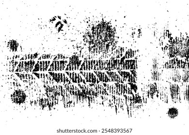 Mud tire tracking. Dirt track from the car wheel protector. Tire mark silhouette. Grunge overlay texture. Abstract black pattern. Vector illustration, EPS 10.