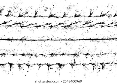 Mud tire tracking. Dirt track from the car wheel protector. Tire mark silhouette. Grunge overlay texture. Abstract black pattern. Vector illustration, EPS 10.