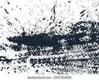 Mud tire tracking. Dirt track from the car wheel protector. Tire mark silhouette. Grunge overlay texture. Abstract black pattern. Vector illustration, EPS 10.