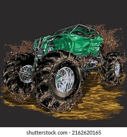 Mud Truck racing splash, isolated on black background for t-shirt, poster and business element.