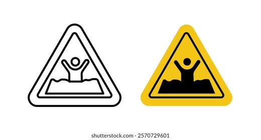 Mud warning signs vectors set in black and red colors on white background.