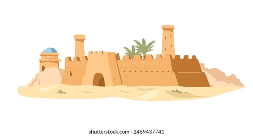 Mudbrick ancient castle in the desert flat vector illustration isolated on white.