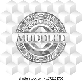 Muddled grey emblem with cube white background