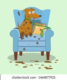 A muddy dog sits on a ruined wingback chair.