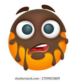 El emoji embarrado está salpicado de barro. Emoticon desordenado divertido sobre fondo blanco