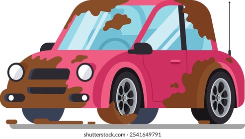 Muddy pink car driving on a dirt road, capturing the spirit of off road exploration and the need for a thorough car wash