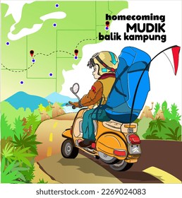 Mudik o balik kampung, es un término indonesio y malayo para la actividad donde los trabajadores migrantes regresan a sus ciudades natales en Lebaran (Idul Fitri). En esta ilustración una pareja conduce una moto a