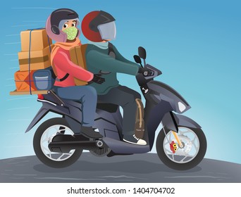 Mudik, is an Indonesian term for the activity where migrants workers return to their hometown in Lebaran (Eid al-Fitr). In this illustration the couple rides a motorbike to the hometown - Vector