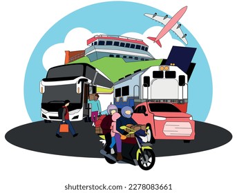 Mudik lebaran illustration with transportation, trip to hometown to celebrate eid with family. 