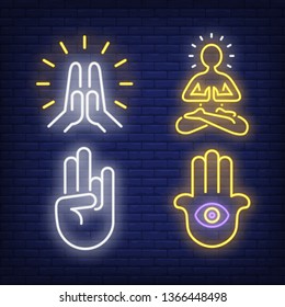 Mudra gestures, hamsa hand and person meditating neon signs set. Harmony and meditation design. Night bright neon sign, colorful billboard, light banner. Vector illustration in neon style.