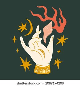 Mudra hand asian traditional boho illustration handdrawn style art vector