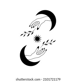 Mudra hands, crescent moon and sun. Boho mystical vector illustration. Witch art. Ethnic esoteric elements. Witch hands isolated on white background. Use for poster, print, astrology, tarot logo.