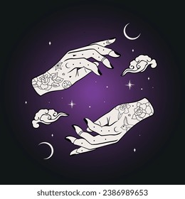 Mudra Hands Intuitive Black White Mystic Vector Illustration Witch space premonition esoteric magic craft