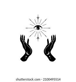 Mudra hands and intuitive eye. Black and white mystic vector illustration. Witch art. Ethnic esoteric elements. Witch hands isolated on white background. Use for card, t-shirt print, logo, stickers.