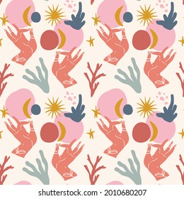 Mudra magic moon hands seamless pattern art print.