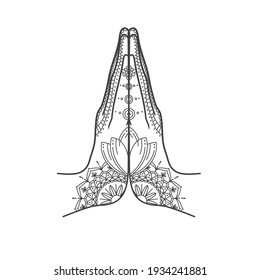 Mudra Namaste. Las manos ordenadas se doblaron en un gesto de bienvenida. Mehendi - henna ornamenta en el cuerpo. Ilustración del vector